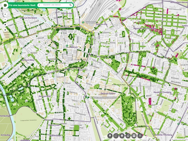 Online-Stadtplanansicht von Leipzig mit allen aktuell erfassten Bäumen an Straßen und in den Parks