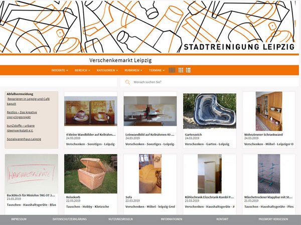 Internetseite des Verschenkemarkts der Stadtreinigung Leipzig