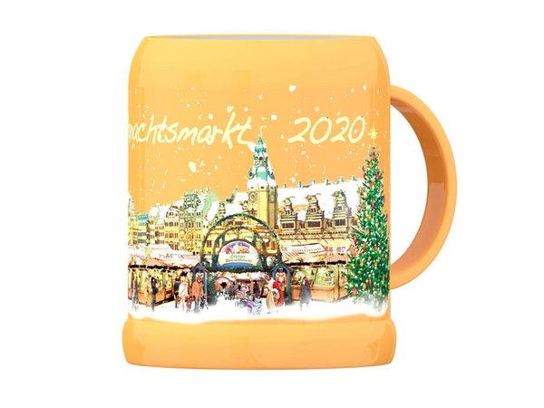 Leipziger Weihnachtsmarkttasse 2020: Außenfarbe apricot und Innenfarbe pastellblau, Foto: Mohaba GmbH & Co. KG