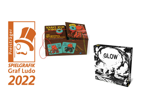 Gewinner des GRAF LUDO 2022: Krake beim Schneider (Kategorie: Schönste Kinderspielgrafik) und Glow (Kategorie: Schönste Familienspielgrafik), Foto: Leipziger Messe