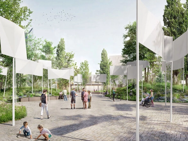 Freiheits- und Einheitsdenkmal in Leipzig - Siegerentwurf: Banner, Fahnen, Transparente, Visualisierung: Atelier Loid / Meyer, Grzesiak, ZILA / rendercircle