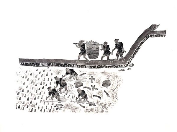 Reisanbau, 70 x 70 cm Steinreliefkopie nach dem „Geng Zhi tu“ des Lou Shou Song Dynastie, 960 – 1280 u.Z.