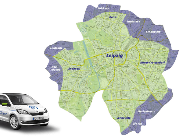 Die blau markierten Bereiche kommen ab dem 1. Juli 2019 zum Leipziger cityflitzer-Geschäftsgebiet hinzu.