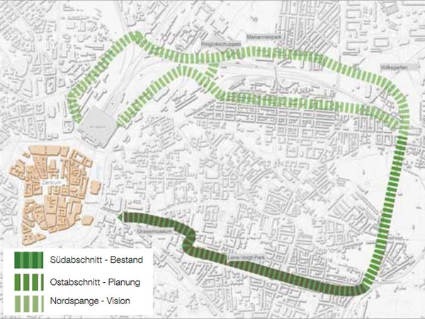 Der Parkbogenverlauf gliedert sich in die drei Bereiche: Südabschnitt, Ostabschnitt und Nordspange, Grafik: Stadt Leipzig