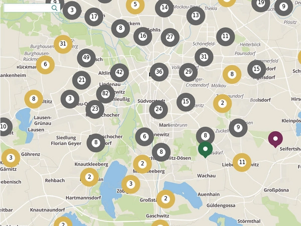 Screenshot Karte gesamt, Foto: Gedenkstätte für Zwangsarbeit Leipzig, Karte: Google Maps