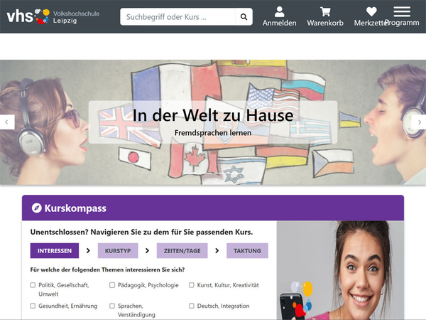 Umgestaltete Internetseite der Volkshochschule Leipzig mit neuem Kurskompass