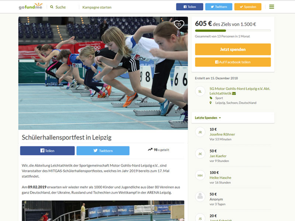Spendenkampagne für das Schülerhallensportfest in Leipzig auf gofundme.com Spendenkampagne für das Schülerhallensportfest in Leipzig auf gofundme.com