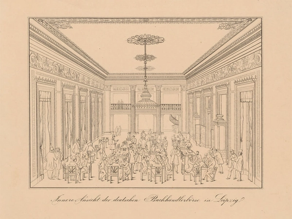 Innere Ansicht der deutschen Buchhändlerbörse in Leipzig, kolorierte Federzeichnung, um 1850. Abrechnungssaal in der 1836 errichteten Buchhändlerbörse. Repro: DNB