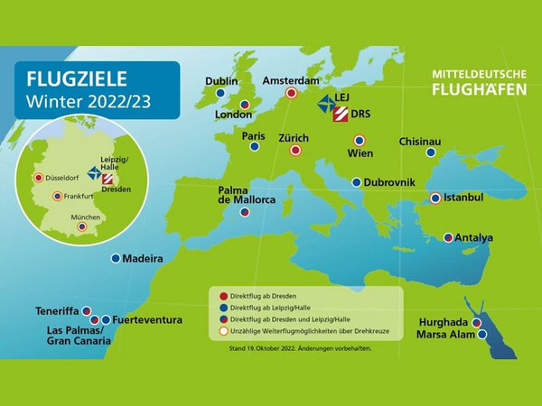 Flugziele Winter 2022/2023, Grafik: Mitteldeutsche Flughafen AG