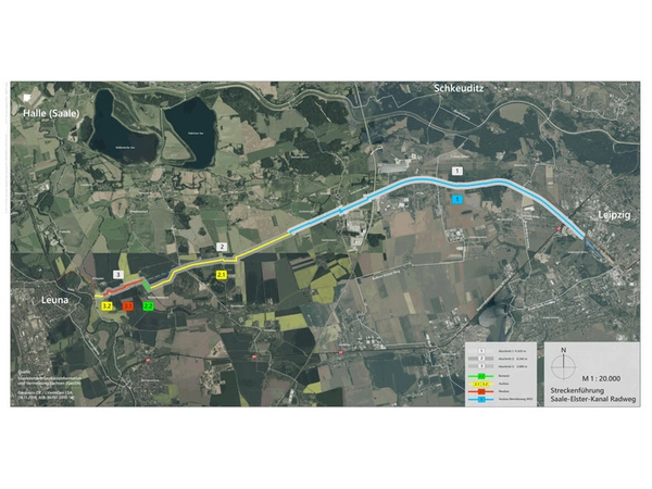 Abschnitte Ausbau Saale-Elster-Kanal-Radweg, Quelle: Staatsbetrieb Geobasisinformation und Vermessung Sachsen (GeoSN)