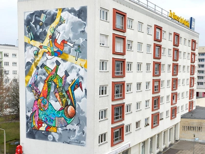 Stadtmaler interpretieren Leipzig-Historie an Hauswand