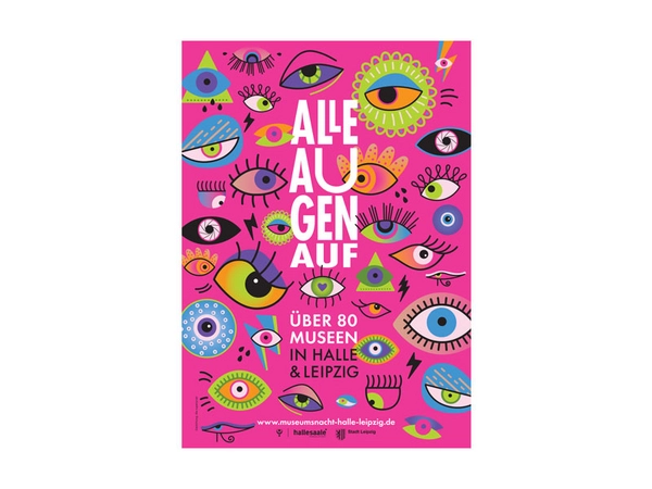 Großformatige Plakate machen auf die vielfältige und reiche Museumslandschaft in Halle und Leipzig aufmerksam, Gestaltung: Superpixel
