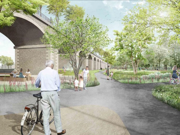 SINAI Landschaftsarchitekten gestalten den Parkbogen Ost / Sellerhäuser Bogen zu einem Höhenpark. Quelle: SINAI Gesellschaft von Landschaftsarchitekten Berlin, Visualisierung: MAU Atelier