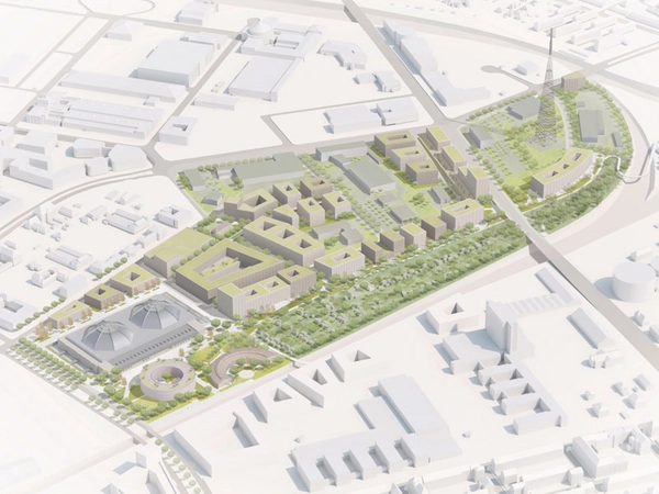 Wettbewerb für Entwicklung rund um Kohlrabizirkus Leipzig: Visualisierung des erstplatzierten Entwurfs, Quelle: de+ architekten gmbh