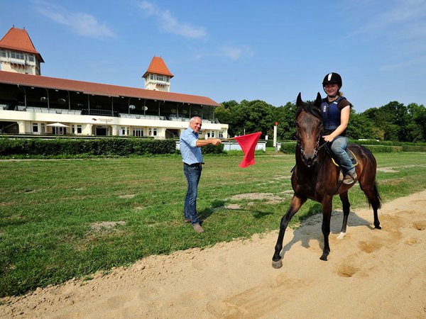 Alexander Leip eröffnet das Training für die insgesamt 13 vor Ort betreuten Pferde. Der vierjährige Wallach Fritz darf die Sandbahn als Erster testen.