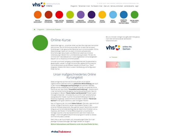 Online-Kurse sind auf der Internetseite der Volkshochschule Leipzig (VHS) zu finden, Foto: Screenshot