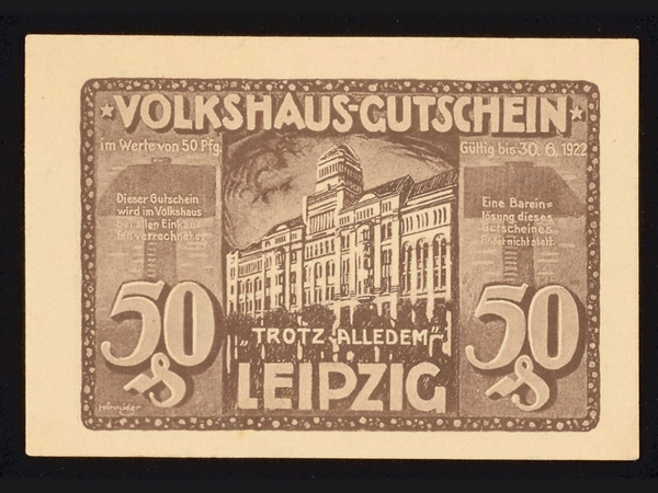 Volkshaus-Gutschein Leipzig nach Beschuss durch die Reichswehr 1920, Foto: Universitätsbibliothek Leipzig