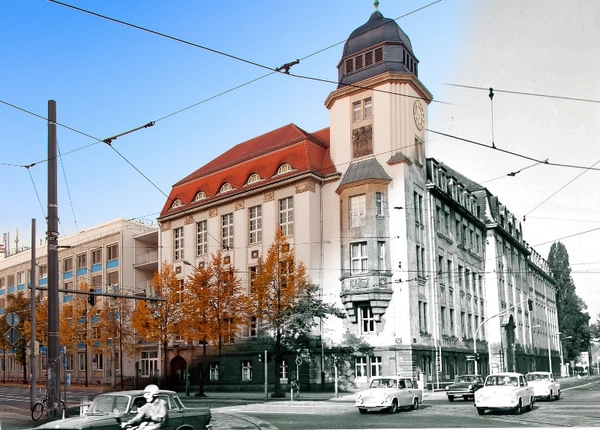 Der Geutebrück-Bau der HTWK-Leipzig an der Kreuzung Karl-Liebknecht-/Richard-Lehmann-Straße heute und damals.