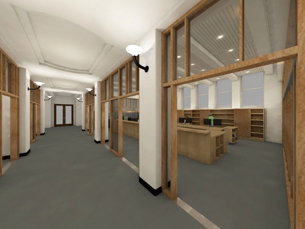 Beispielhafte Visualisierung der Medienausleihe der Deutschen Nationalbibliothek in Leipzig nach dem Umbau. Visualisierung: KHM architekten