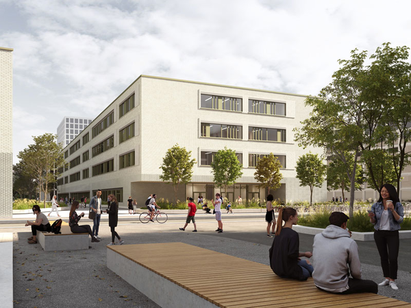 So soll das neue Gymnasium im Löwitz Quartier westlich des Leipziger Hauptbahnhofs einmal aussehen. Visualisierung: OTTO WULFF / RKW Architektur 