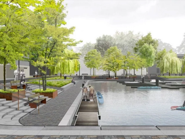 Visualisierung Stadthafen mit Hafenbecken und Ufer, Bildrechte: häfner jiménez betcke jarosch landschaftsarchitektur GmbH, Juni 2021