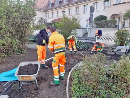 Azubis der Stadtreinigung Leipzig verschönern den Arminiushof in Marienbrunn