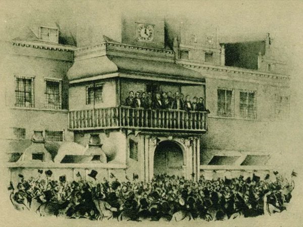 Lithografie von Robert Blums Rede am 3. März 1848 vom Balkon des Alten Rathauses, Quelle: Stadtgeschichtliches Museum Leipzig