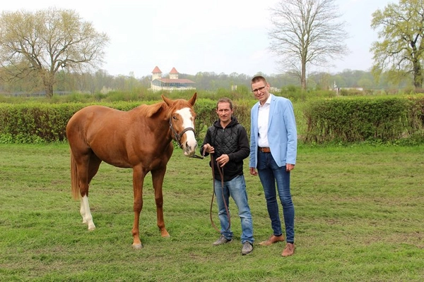 Am 1. Mai tauft der „Volks-Rennstall“ seinen neuen Hengst auf den Namen „Leipzig“. Trainer Marco Angermann und Rennstall-Scheibenholz-Vorstand Matthias Schneider (v.l.) präsentieren ihn erstmali