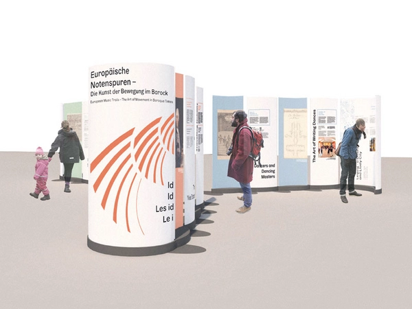 Modellansicht Wanderausstellung: Europäische Notenspuren – Die Kunst der Bewegung im Barock, Entwurf/Design: Michelle Berger