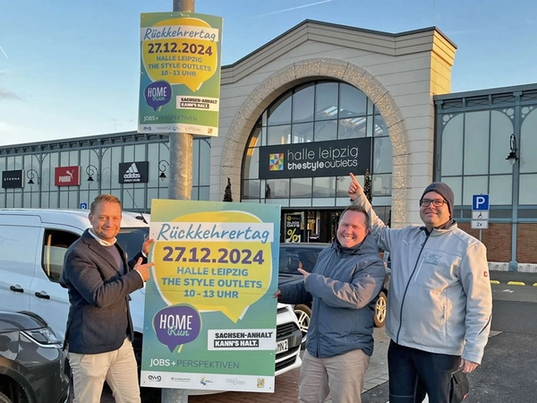 Der Rückkehrertag findet dieses Jahr im Outlet-Center statt (von links nach rechts: Robin Lippold (Halle Leipzig The Style Outlets), Silvio Lampe (EWG Anhalt-Bitterfeld) und Patrick Nicklas (MaNiSa-Dienstleistungen), Foto: NEINVER