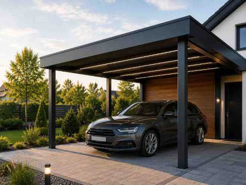 Moderner Carport aus Polen mit hochwertiger Aluminiumkonstruktion und zeitlosem Design